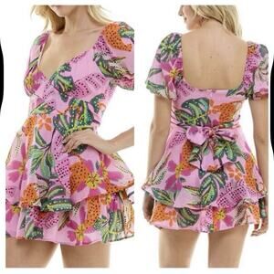 Crystal Sky Women’s Medium Tropical Print Puff Sleeve Tie Back Mini Dress